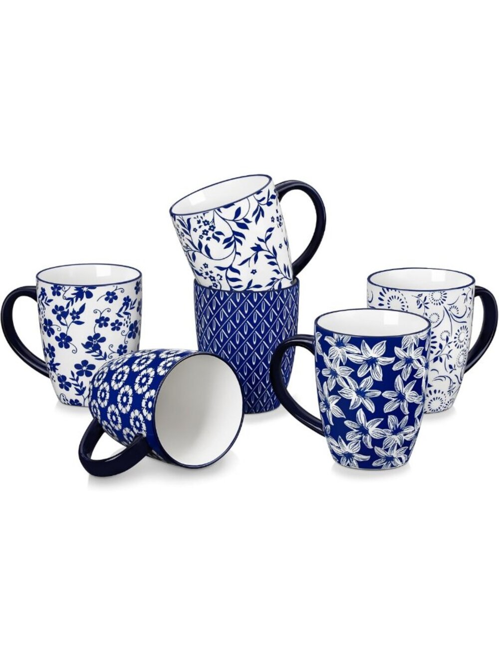 Set of 6 Vintage Blue 16oz Porcelain Coffee Mugs - Dishwasher & Microwave Safe